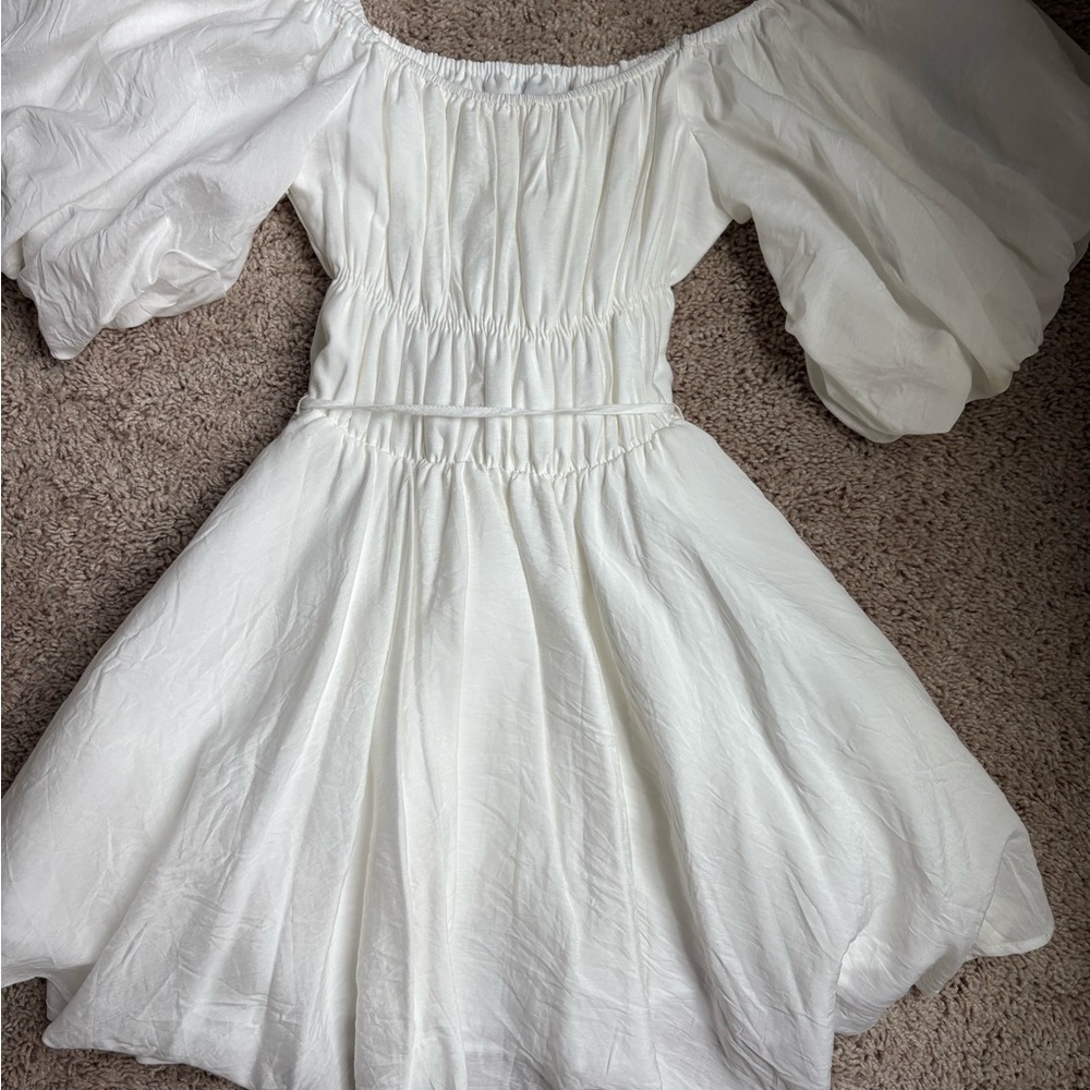 Altar'd State White Off-Shoulder Mini Dress with Ruffled Pleats